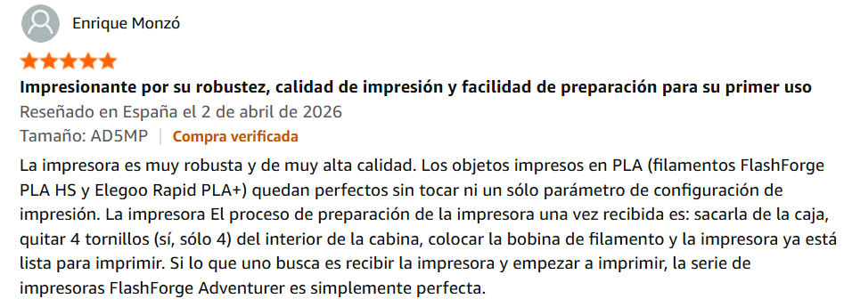 Flashforge Adventurer 5M comentario