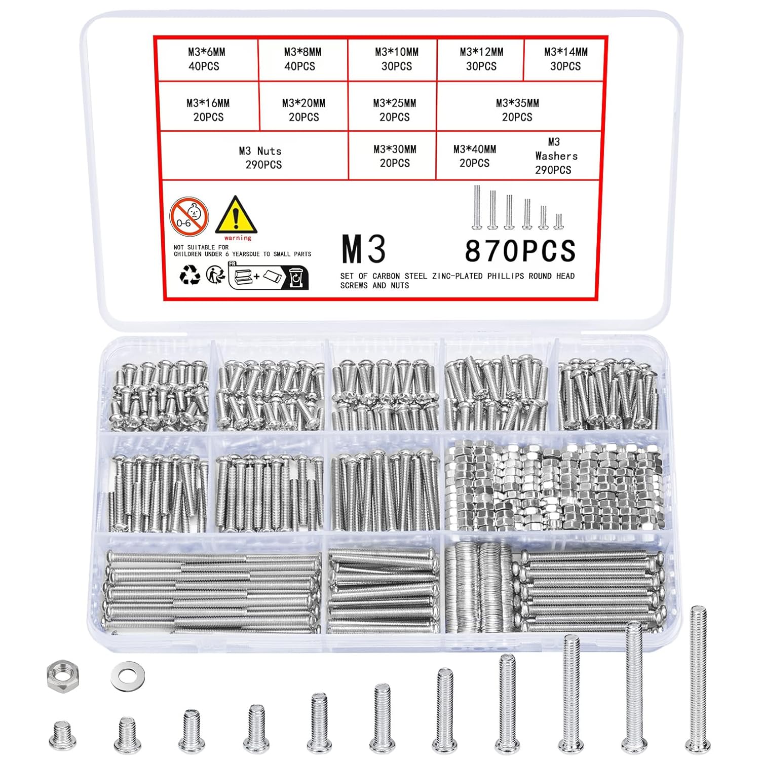Kit de 870 Piezas M3 Tornillos y Tuercas y Arandelas