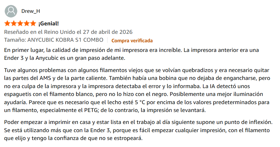 Comentario ANYCUBIC Kobra S1 